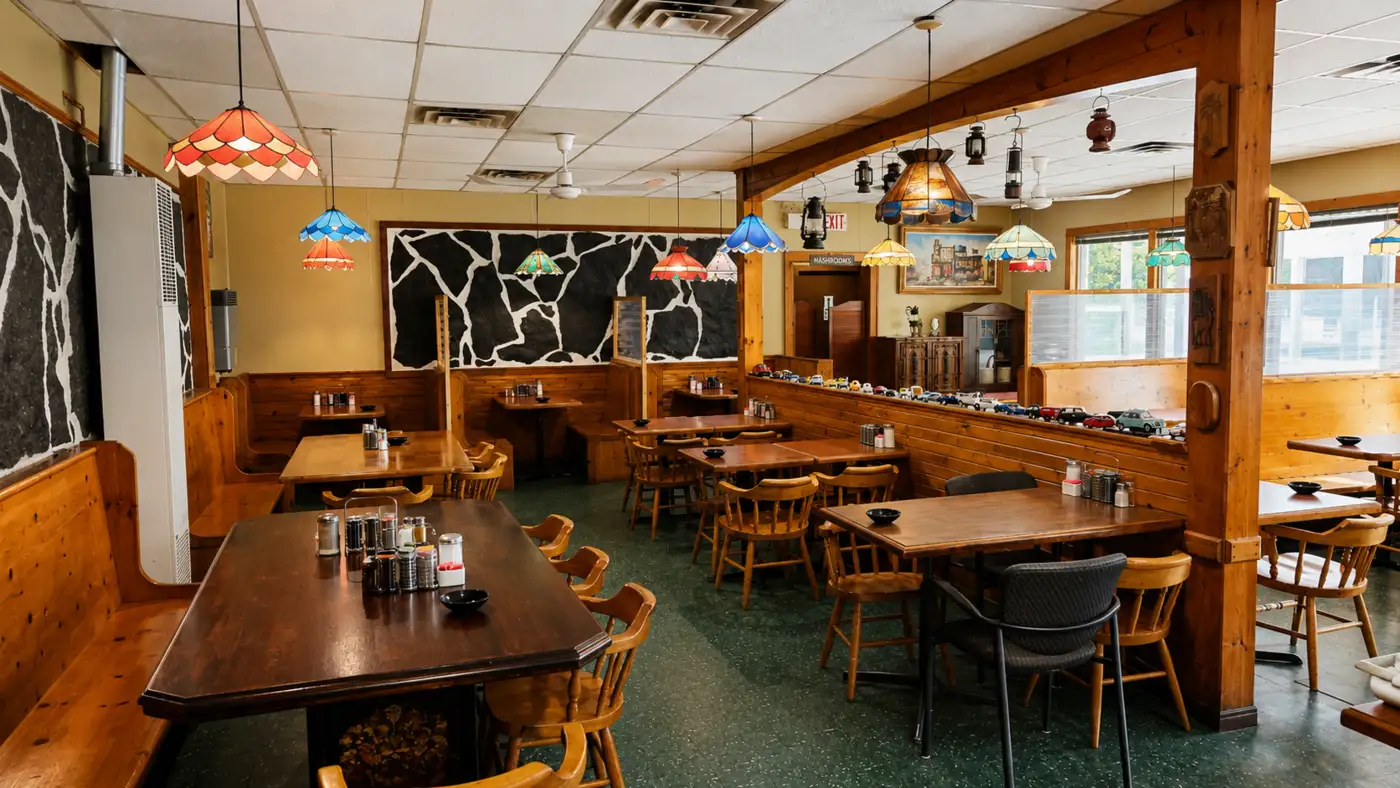 Warm wood dining room inside Top Notch Breakfast Restaurant in Wiarton